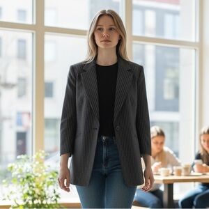 Vintage 90s Armani Collezioni Black White Pinstripe Single Button Blazer Size 12